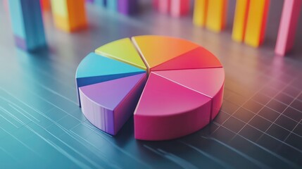 Quality management continuous improvement concept. A colorful pie chart overlays a grid background, complemented by vertical bar graphs, representing data visualization and analysis.
