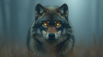 Wildlife photo of a wolf standing in a grassy field, its yellow eyes visible