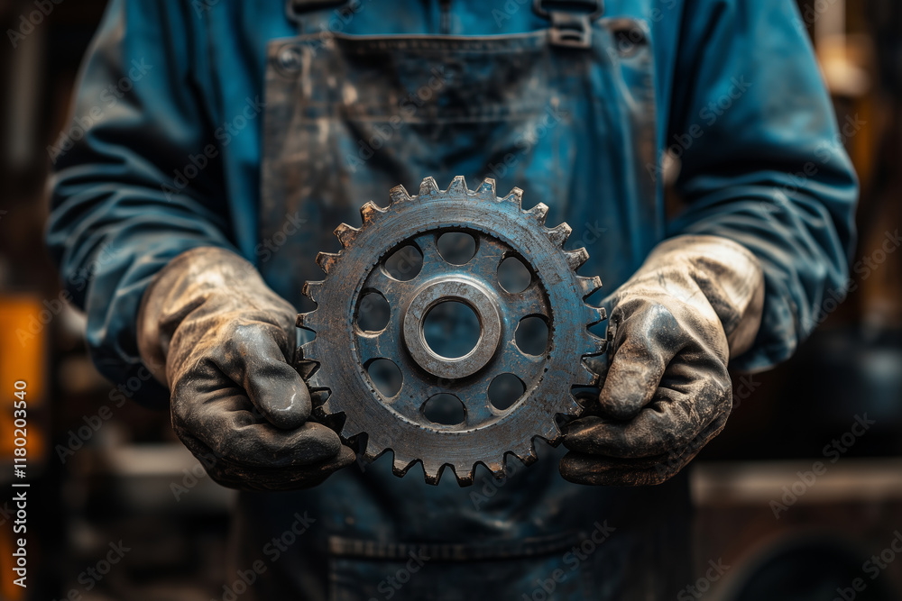 Poster mechanic demonstrates expertise while holding a sprocket in vibrant workshop