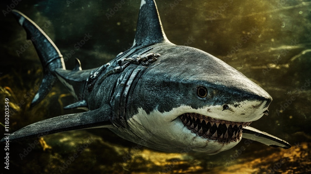 Poster close-up image of a shark's mouth open, great for ocean or wildlife related projects