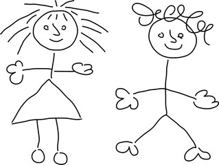 Children's drawing, girl and boy holding hands and laughing, simple vector illustration, black and white.