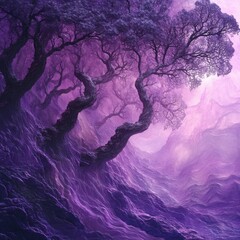 Naklejka premium Purple Mountain Valley with Twisted Trees - A Dreamlike Landscape