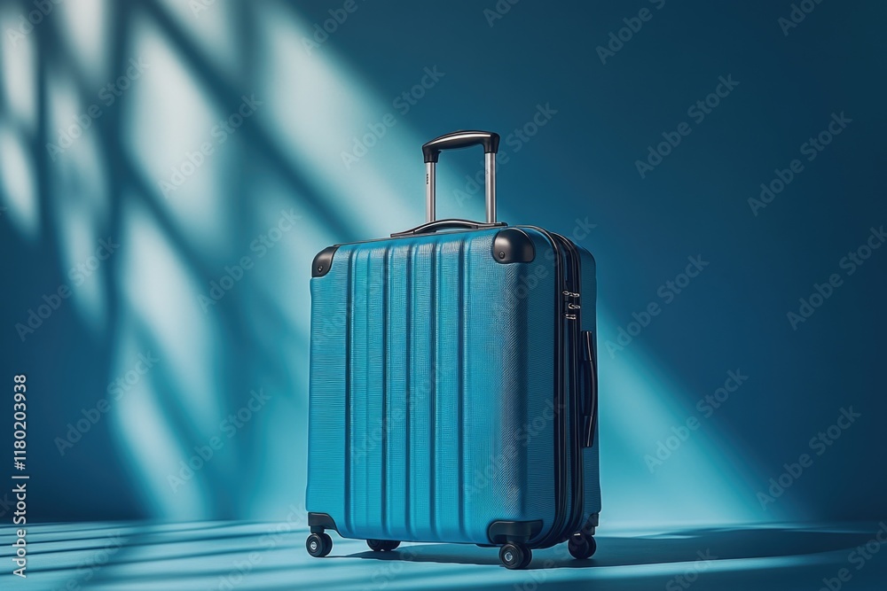 Poster a blue suitcase is placed on a blue floor, providing a simple and clean background for various uses