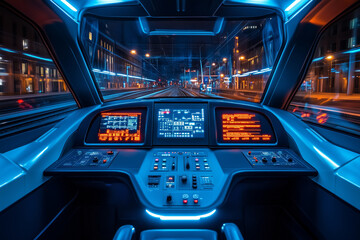 High-tech modern train cockpit showcasing advanced navigation equipment
