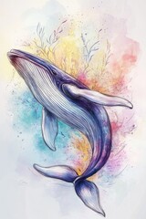 Fototapeta premium Majestic whale swimming gracefully amidst vibrant watercolor spl