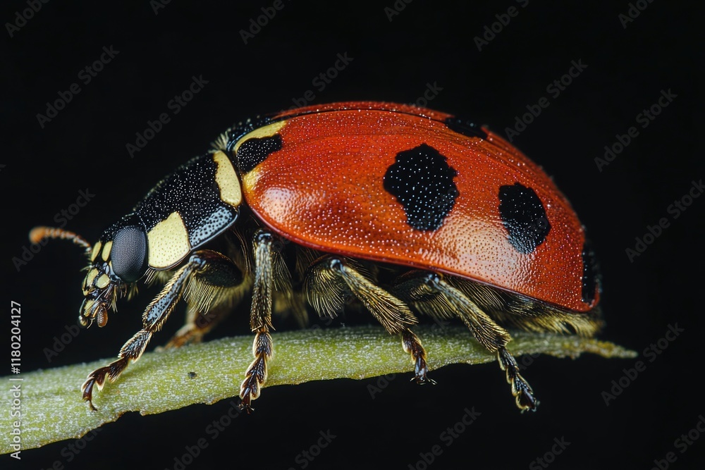 Poster a small red and black insect perched on the edge of a green leaf