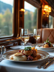 Gourmet cuisine served elegantly in a luxurious railway dining car