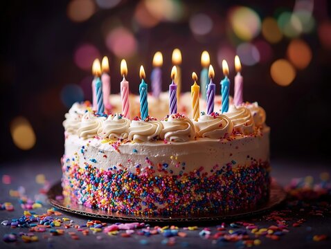 Birthday Celebration Cake with Lit Candles