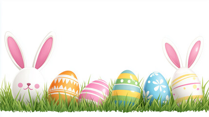 Illustration of an Easter egg border with rabbit ears on grass, isolated on a white background. Banner for design and decoration, or as a greeting card template. Happy easter background, mockup, templ