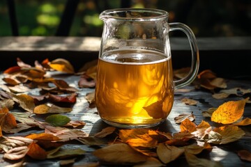 A glass jug filled with freshly brewed cider rests on a wooden table, surrounded by vibrant autumn leaves in shades of orange and yellow, reflecting the warm sunlight