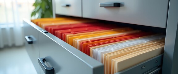 Organized files in a filing cabinet drawer.  Neatly arranged folders in various colors, representing efficient document storage and management in an office or workspace.