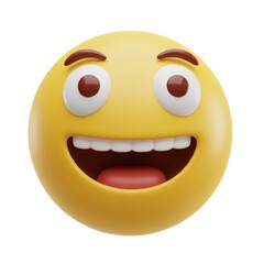 Fototapeta premium A 3D illustration of a classic yellow emoji face with a wide open laughing mouth large eyes, and raised eyebrows isolated on a white background