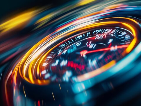 Speedometer showing increasing speed with motion blur effect