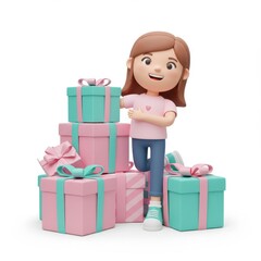 A 3D illustration of a cheerful girl leaning on a pile of colorful gift boxes with pastel pink and teal wrapping and ribbons isolated on a white background