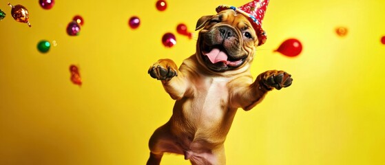 Fototapeta premium Playful French Bulldog Puppy Celebrates Birthday with Balloons