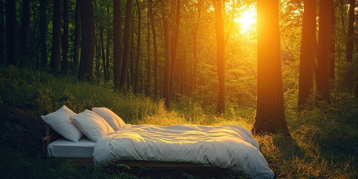 Morning sunrise over the bed placed in forest or woods nature outdoors. Copy space, natural summer sleep and relax in the garden