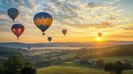 Serene sunrise illuminates vibrant hot air balloons gracefully floating over a picturesque