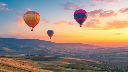 Obraz premium Serene sunrise illuminates three hot air balloons gracefully soaring over rolling hills an