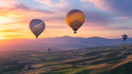 Obraz premium Serene sunrise over rolling hills, four hot air balloons drift peacefully across a v