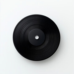Obraz premium A classic black vinyl record rests flat on a white surface, emphasizing its circular grooves. The simplicity highlights the nostalgic charm of music and retro culture