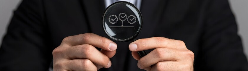 A person in a suit holds a circular object displaying three graphic symbols, suggesting themes of technology or innovation.