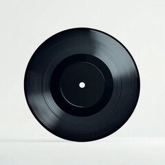 Obraz premium A black vinyl record rests flat against a light backdrop, emphasizing its classic round shape and sleek surface. The lighting highlights the subtle details of the grooves and reflections