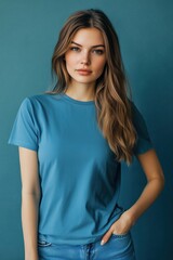 Obraz premium A young woman with long, wavy hair stands confidently against a teal background, wearing a simple blue color T-shirt mockup and jeans. Her expression is calm and engaging.