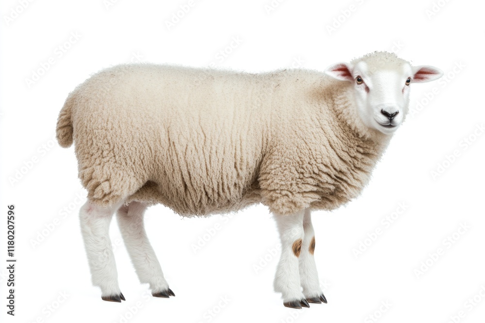 Poster a single sheep standing in front of a plain white background, ideal for design or illustration purpo