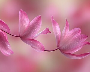 Fototapeta premium Two pink flowers with dew drops on a blurred background.