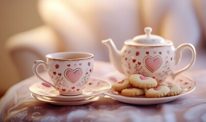 Fototapeta premium Romantic tea set with heart-shaped cups and saucers, paired with a teapot and a plate of heart-shaped cookies