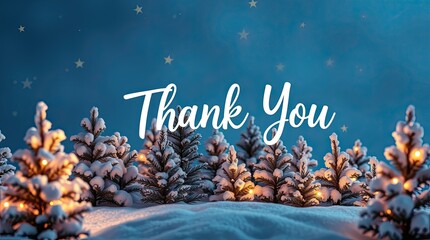 A heartfelt thank you message is displayed against a serene winter landscape featuring snowy trees and soft, twinkling lights under a starry sky