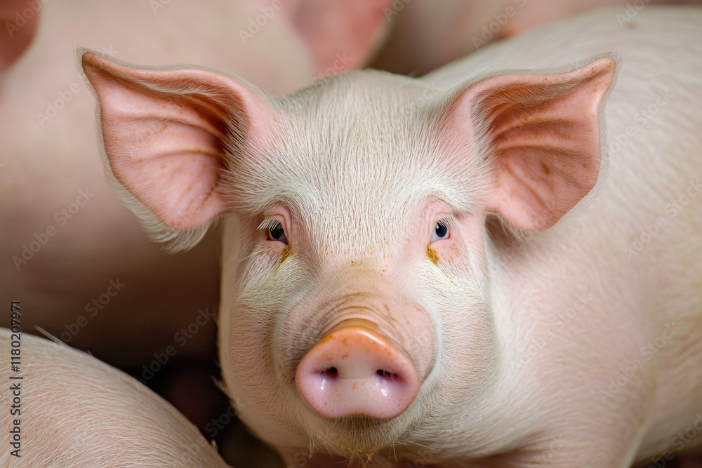 Poster close-up shot of a pig's face surrounded by other pigs in the background