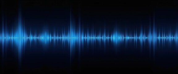 Abstract sound wave visualization.  Dynamic blue light pulses on a dark background create a powerful visual representation of audio frequency data. Ideal for music, technology, and communication