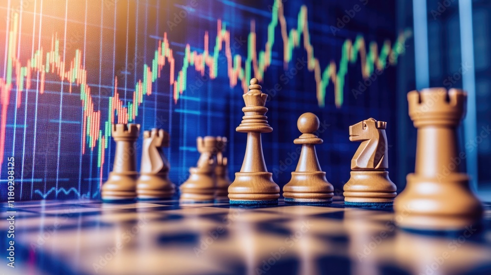 Poster chess pieces arranged on a chess board with a stock chart in the background, ideal for financial or 