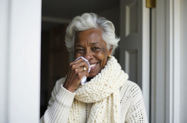 Senior African American woman smiling recovering with cold in white sweater. Health care and medicine concept.