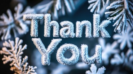 A frosty message conveys gratitude with Thank You beautifully formed from snow and ice, surrounded by delicate snowflakes in a winter setting