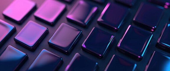 Obraz premium Abstract close-up of glossy, square shapes in vibrant purple and blue hues. A modern, geometric design with a sleek, polished finish. Ideal for tech, design, or futuristic themes.
