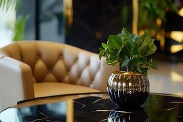 A small potted plant sits on top of a black table, waiting to be watered or admired