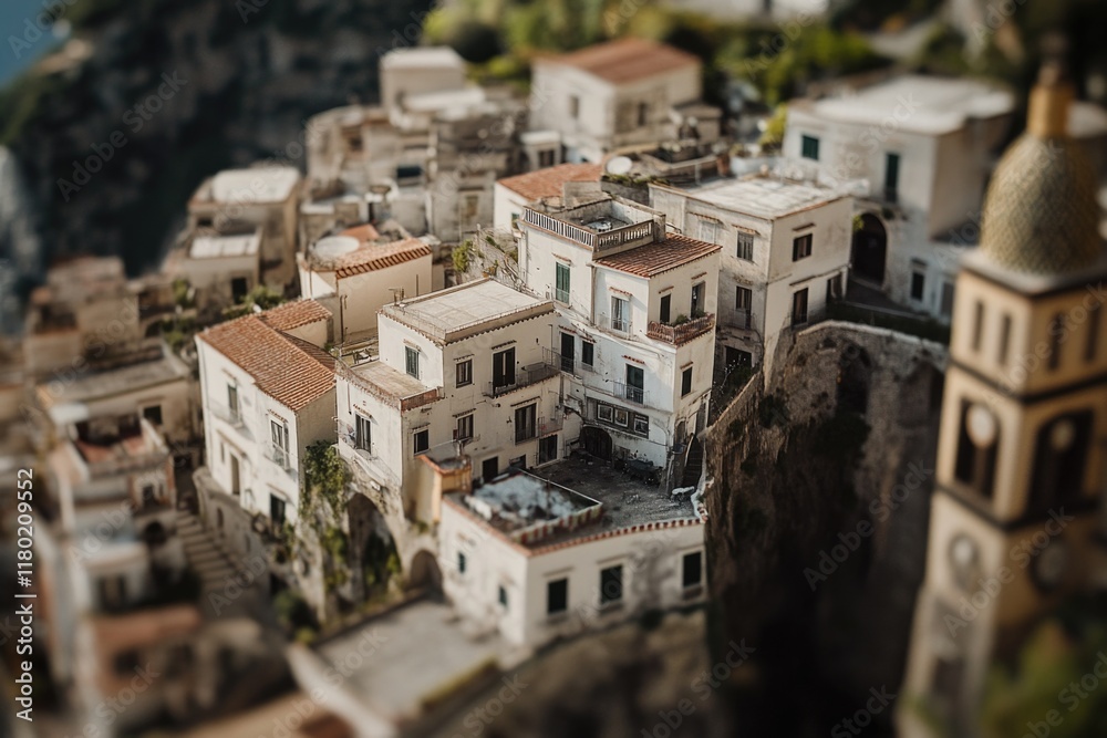 Poster aerial view of a small town perched on the edge of a cliff, with buildings and trees visible