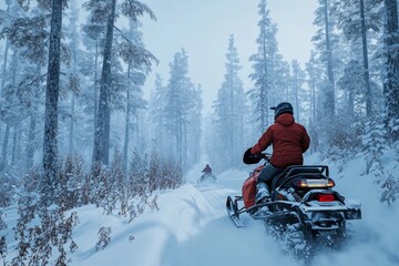 A tourist navigates a snow-covered trail on a snowmobile, surrounded by tall, frosty trees in a winter wonderland. The thrill of the ride is palpable in this serene landscape