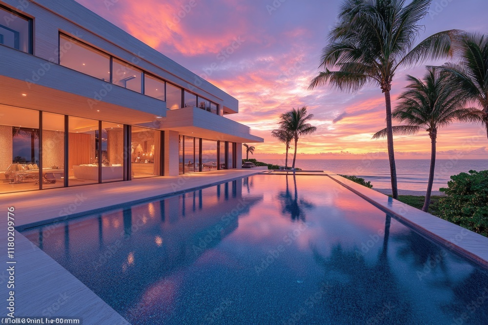 Poster a swimming pool located in front of a house with palm trees, perfect for a relaxing day