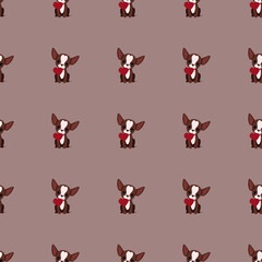 Seamless pattern with cute little chihuahua dogs with a heart in their mouth for Valentine's Day