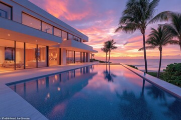 Fototapeta premium A swimming pool located in front of a house with palm trees, perfect for a relaxing day