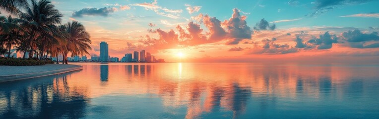 A panoramic view of a Miami sunrise over the bay, with vibrant colors reflecting on the water.