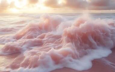 Pink sunrise waves on beach.