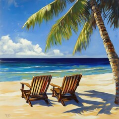 Two lounge chairs sit on a sunny beach, perfect for relaxation and enjoyment