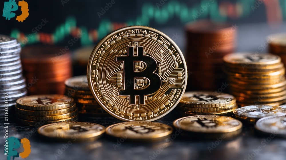 Poster a digital currency icon sitting on top of a stack of coins, suitable for financial or technology-rel