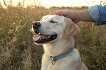 Man petting happy Labrador Retriever dog in park, sunny day, close-up view of man's hand holding labrador retriever head with blue collar and white fur Generative AI