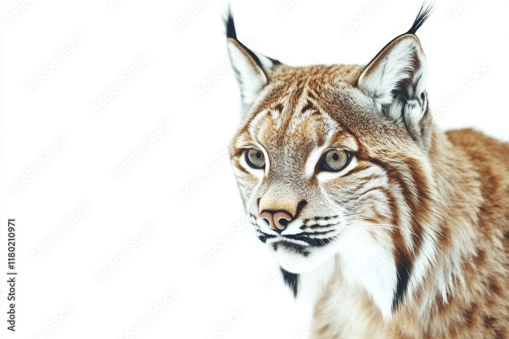 Poster a close-up of a lynx's face on a white background, suitable for use in wildlife or nature-related co