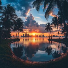 A panoramic view of a Miami sunrise over the bay, with vibrant colors reflecting on the water.